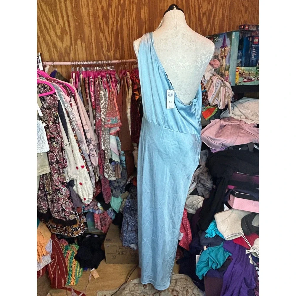 Abercrombie & Fitch One Shoulder Satin Knot Maxi Dress Light Blue XLT New